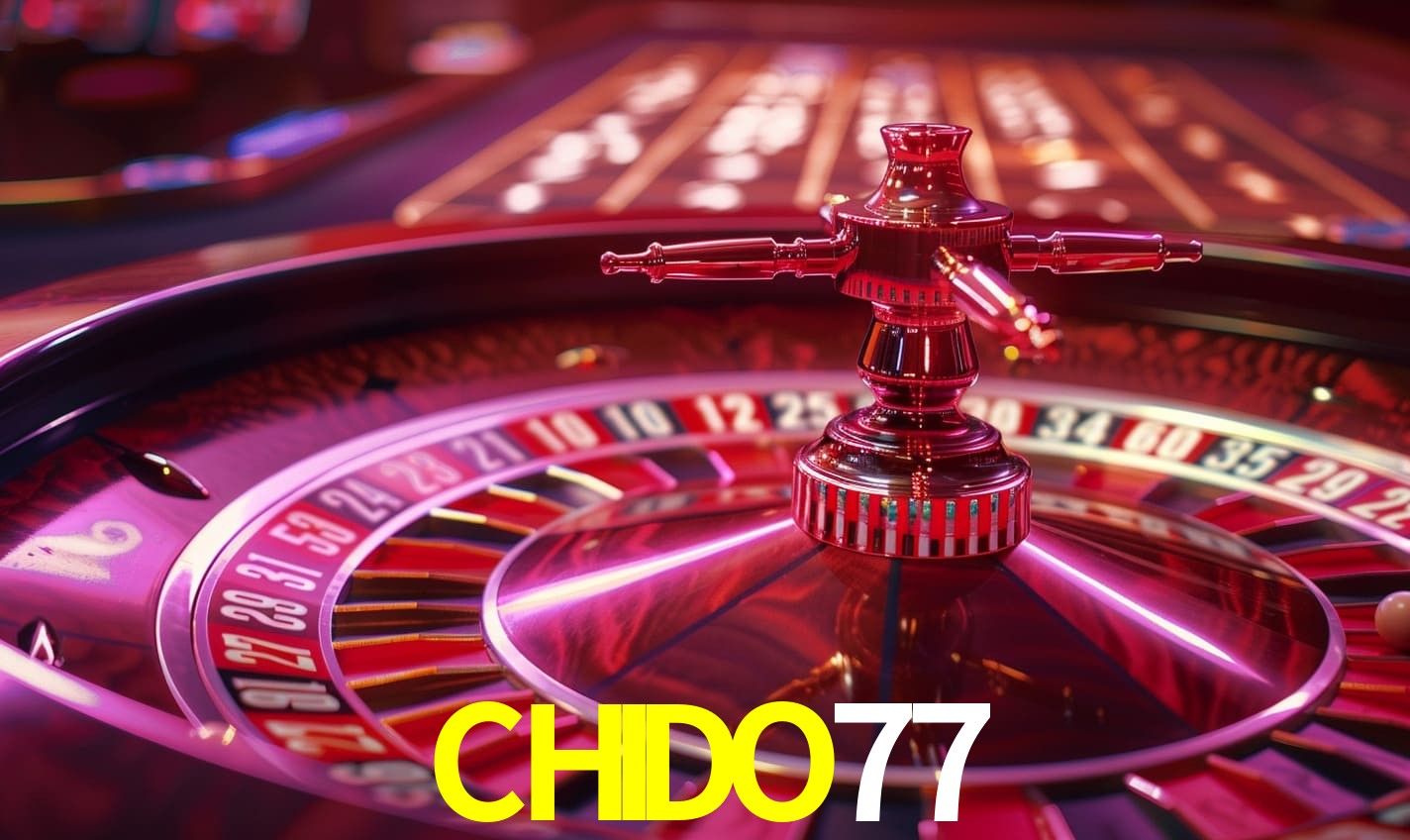Una escena digital vívida inspirada en casino con CHIDO77 mostrado prominentemente, luces brillantes, fichas, cartas y acentos dorados.