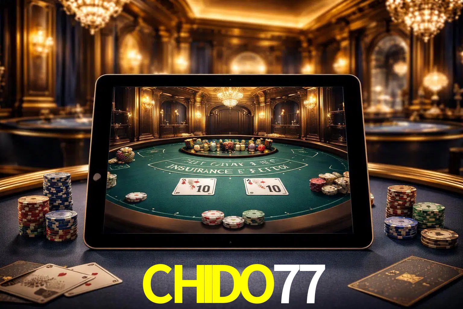 Configuración moderna de casino en vivo con una tableta mostrando una mesa de blackjack, luces cálidas de estudio y una atmósfera elegante de juegos digitales.